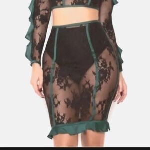 House of CB London Sheer Black Lace Skirt Size Small Evergreen Ruffle Trim